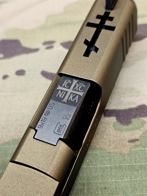 Slide in Burnt Bronze with an Orthodox cross window and engraved barrel