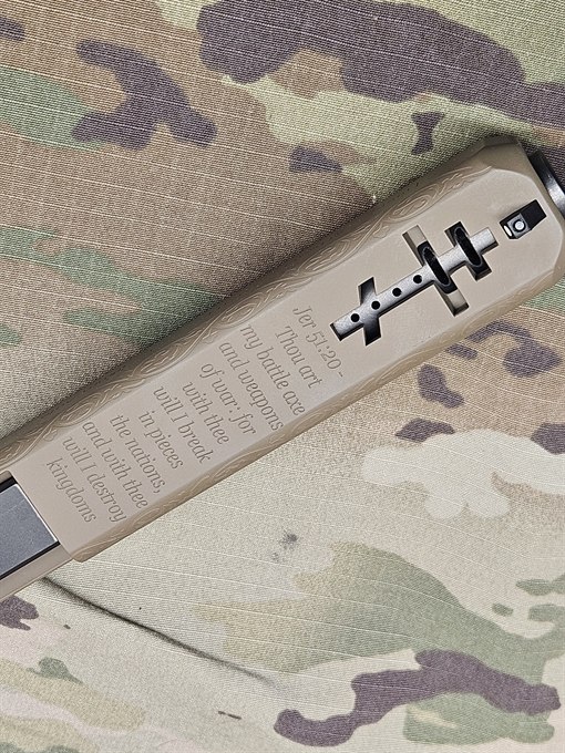 Slide in Flat Dark Earth with an Orthodox cross window and engraved scripture